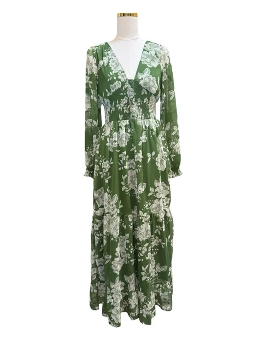 Patrons of Peace Floral Midi Dress Size S Green Smocked Waist Boho - Picture 1 of 8